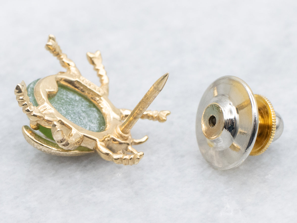 Nephrite Jade Vintage Textured Gold Beetle Bug Tie-Tac
