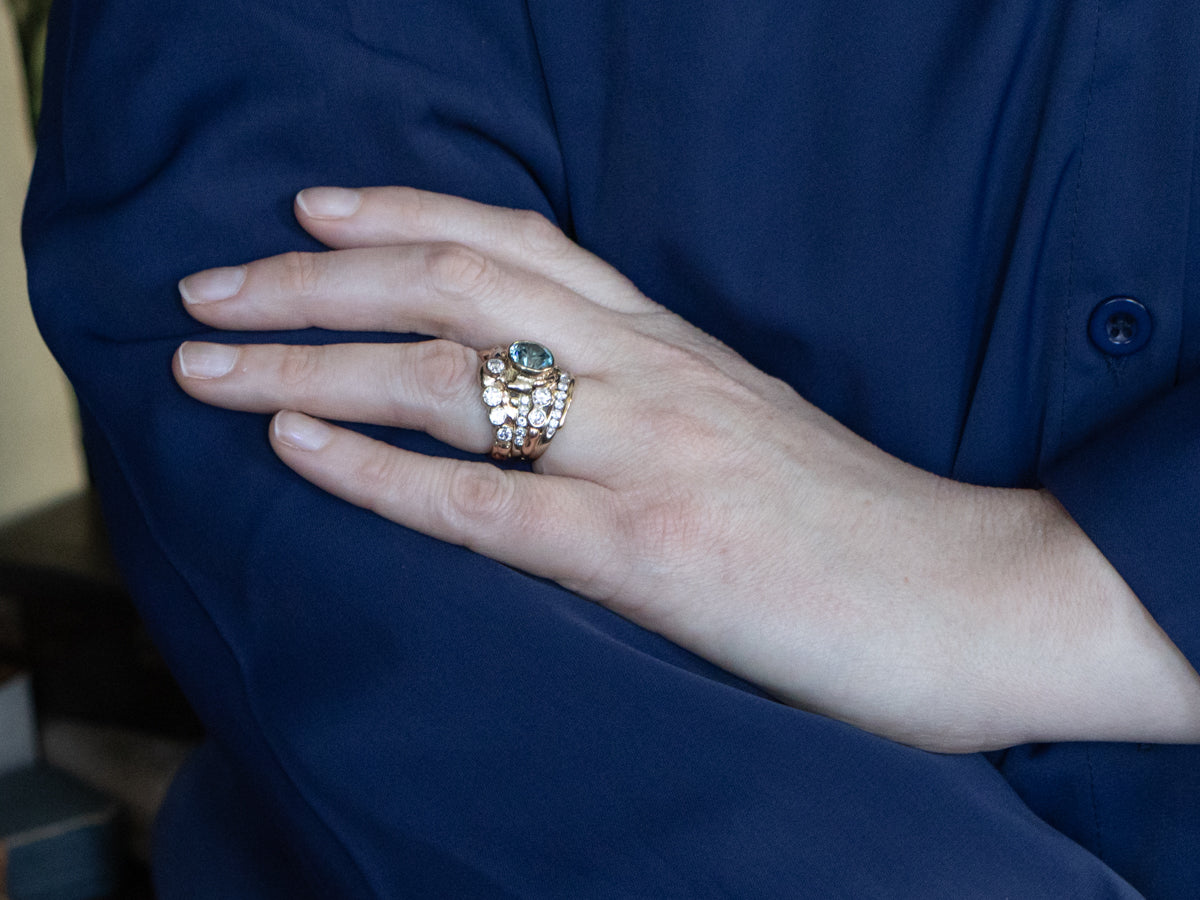 Sculptural Gold Blue Zircon and Diamond Statement Ring