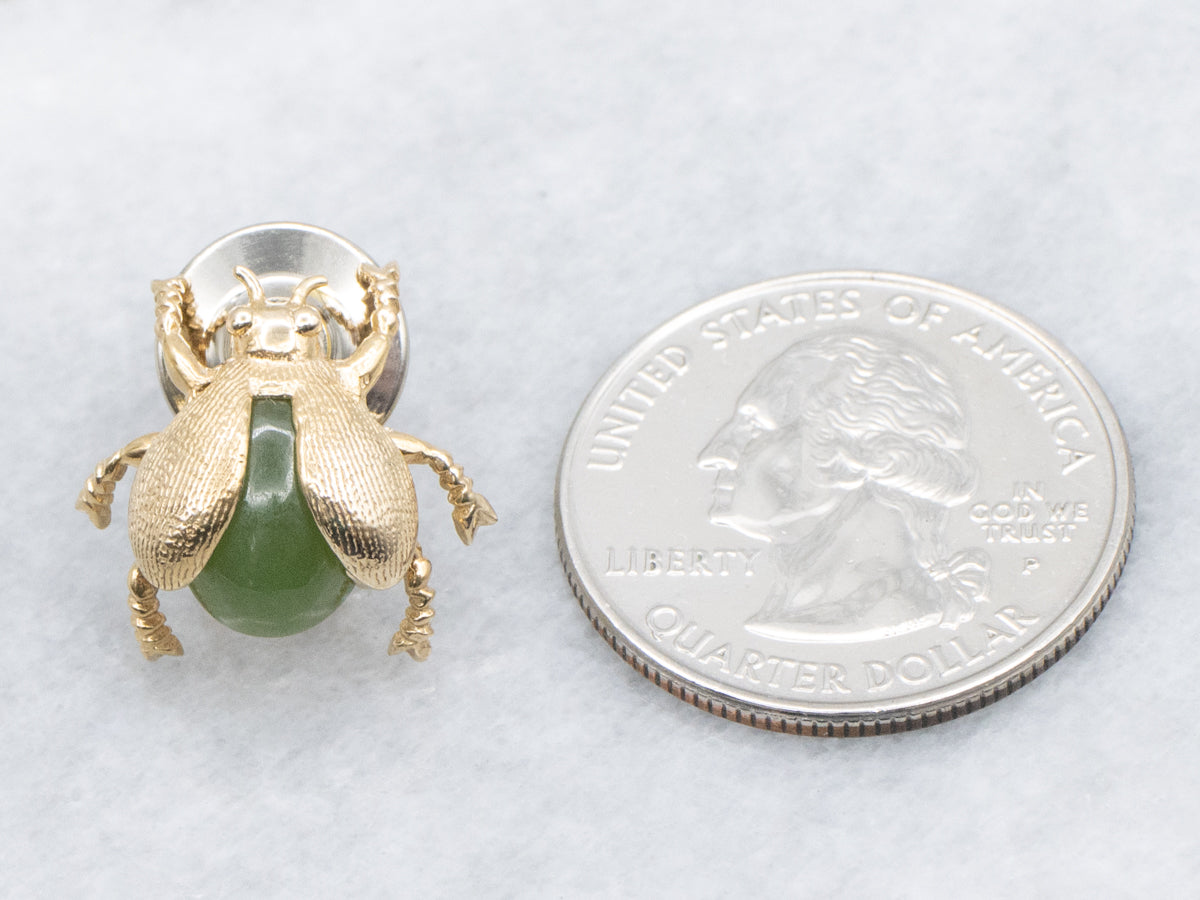 Nephrite Jade Vintage Textured Gold Beetle Bug Tie-Tac
