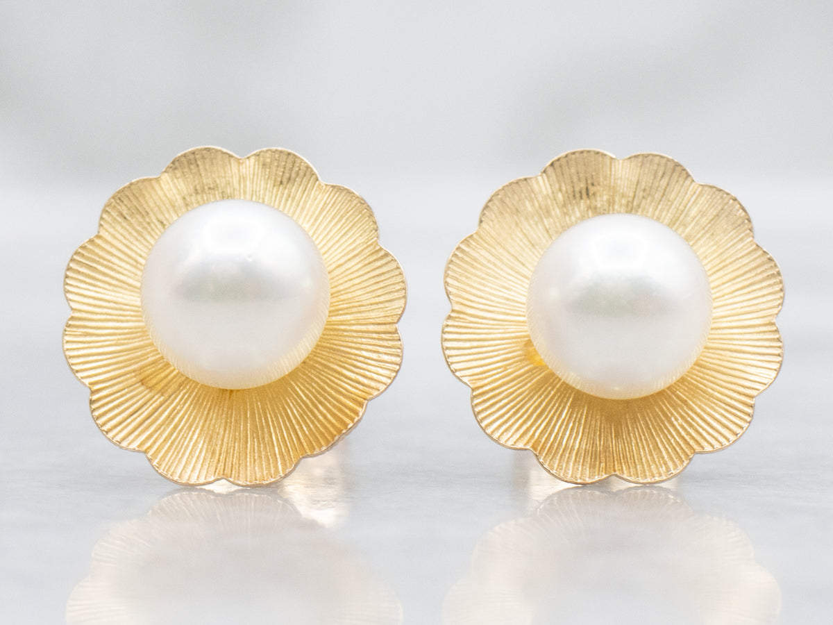 Vintage Yellow Gold Saltwater Pearl Floral Stud Earrings