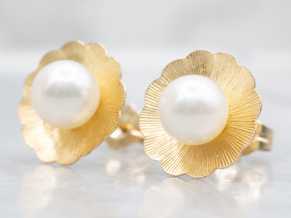 Vintage Yellow Gold Saltwater Pearl Floral Stud Earrings