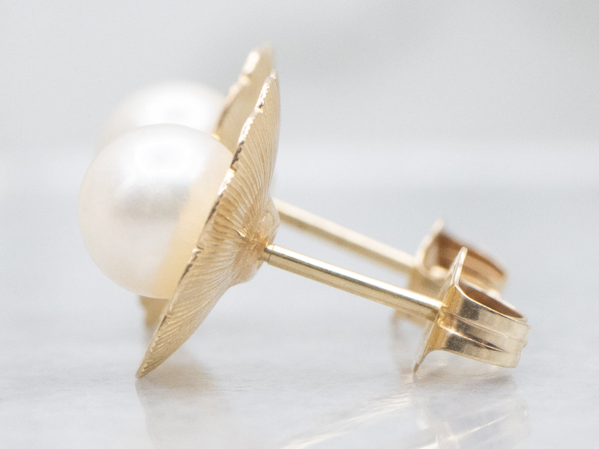 Vintage Yellow Gold Saltwater Pearl Floral Stud Earrings