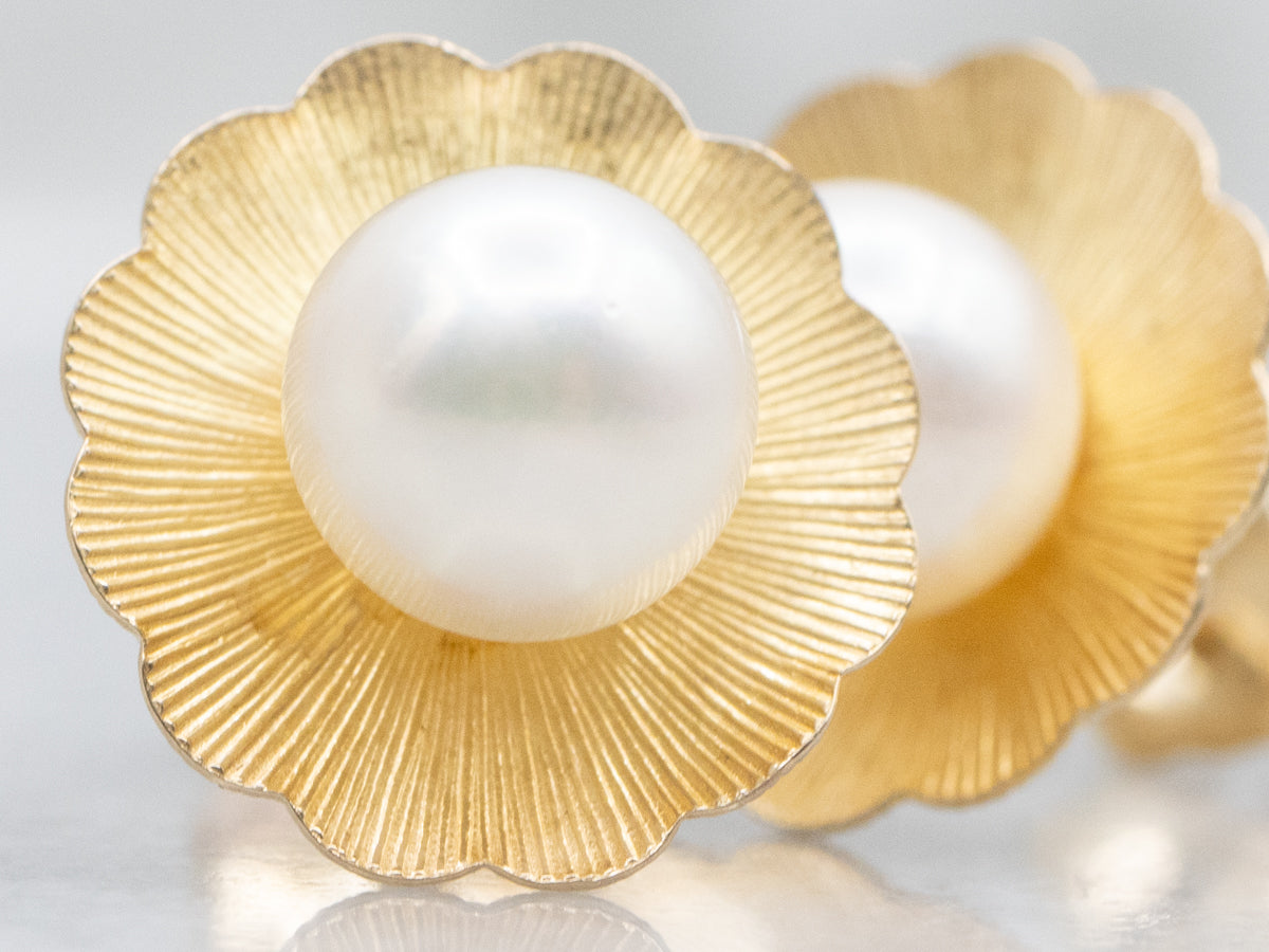 Vintage Yellow Gold Saltwater Pearl Floral Stud Earrings