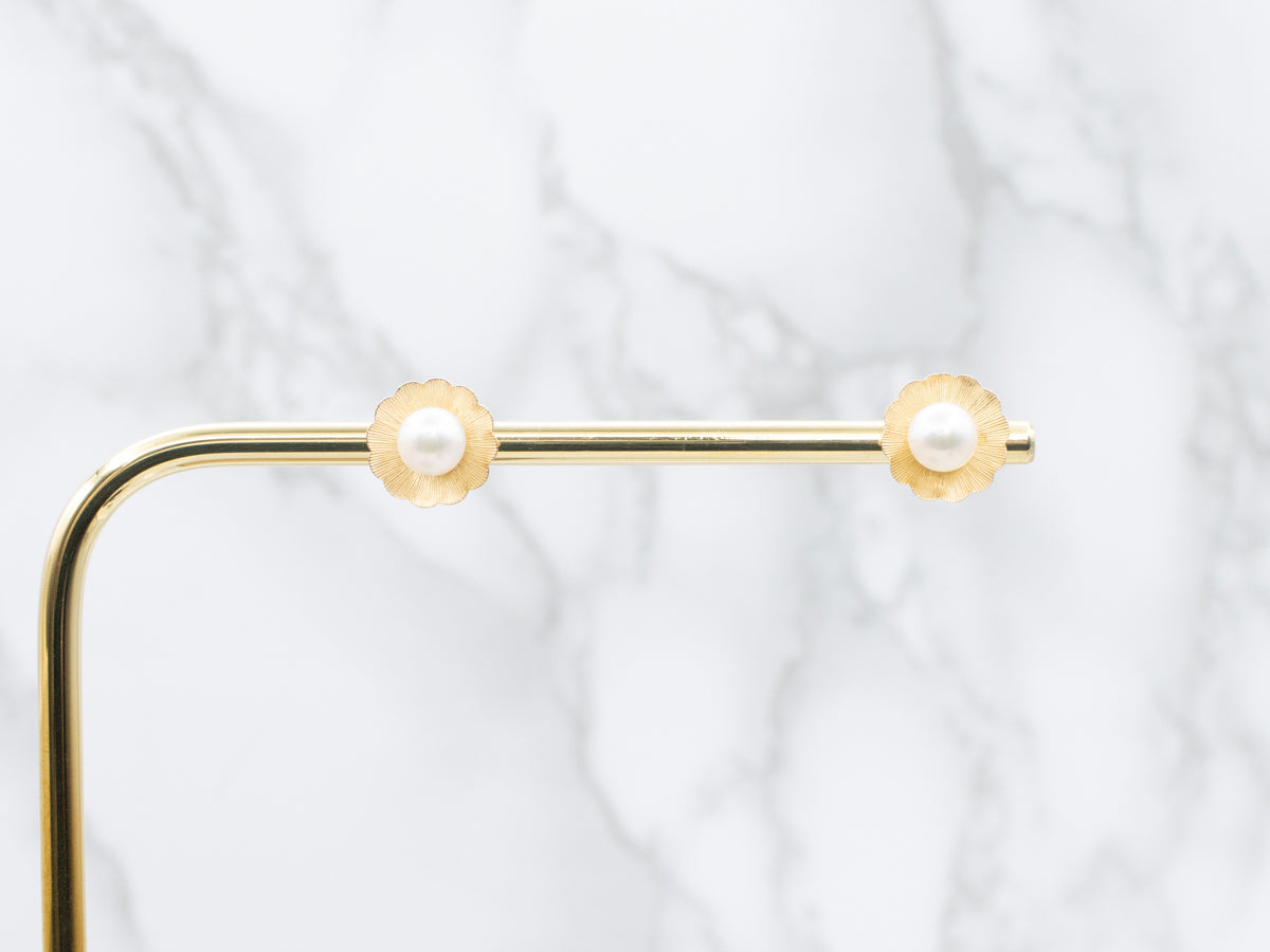 Vintage Yellow Gold Saltwater Pearl Floral Stud Earrings