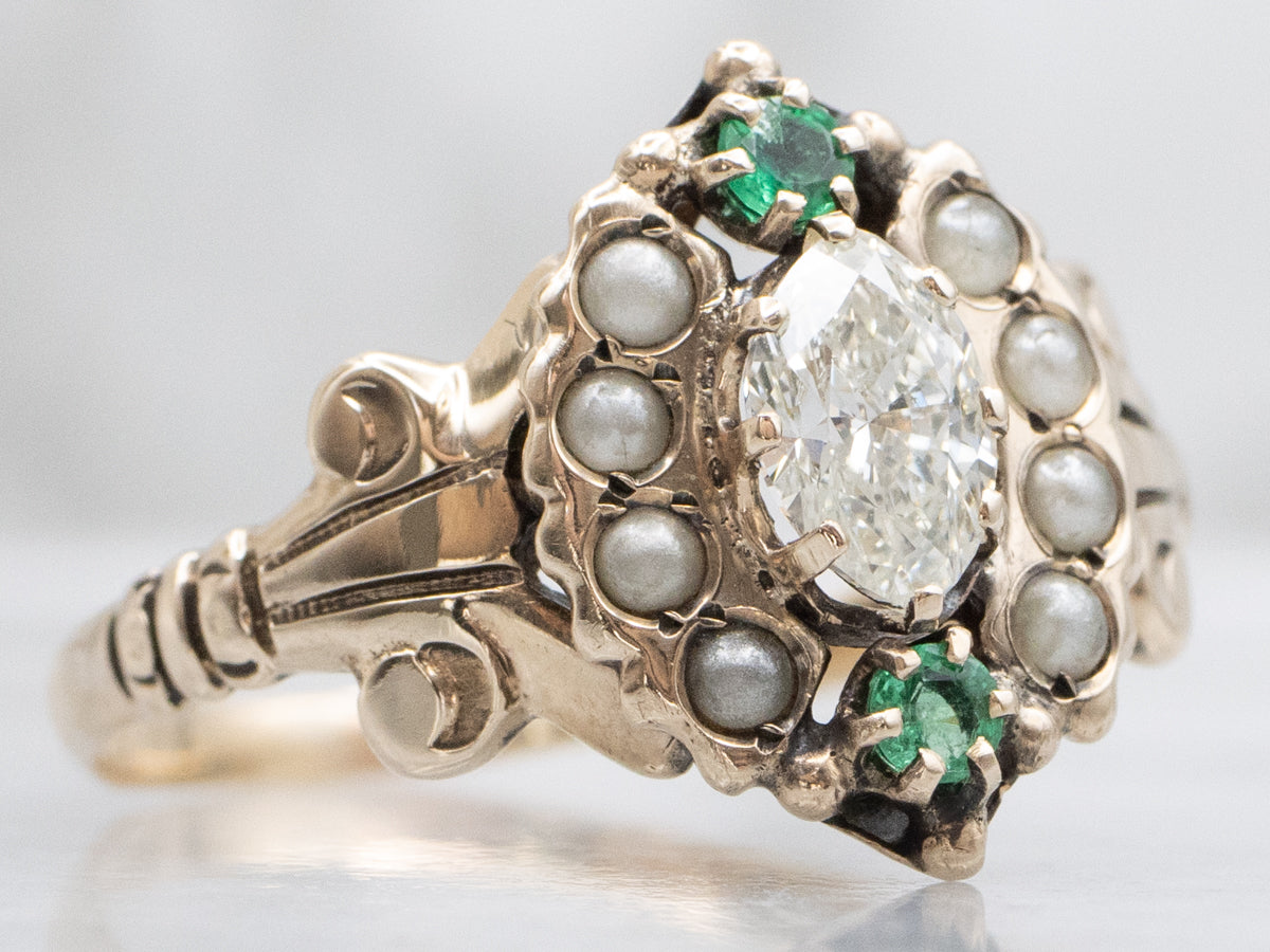 Victorian Marquise-Cut Diamond Emeralds and Faux Pearl Halo Ring