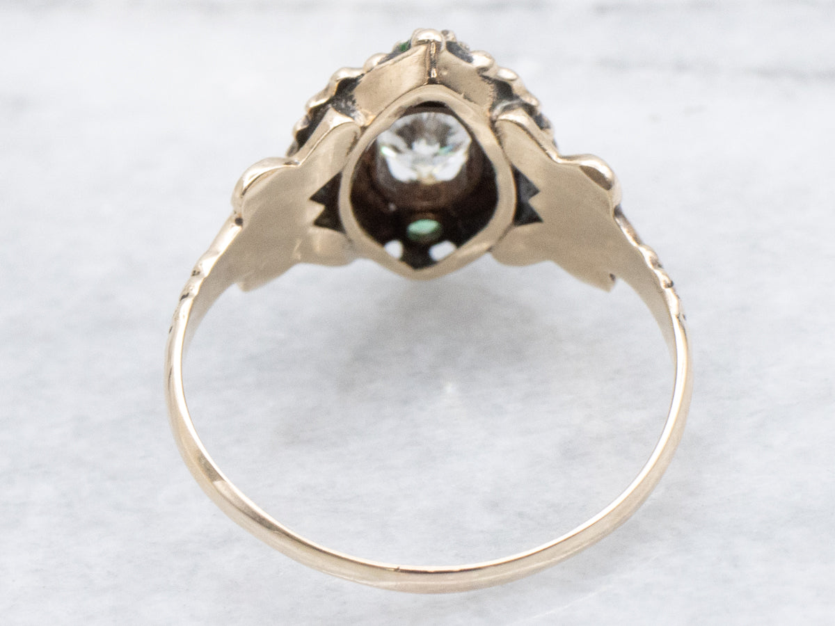 Victorian Marquise-Cut Diamond Emeralds and Faux Pearl Halo Ring