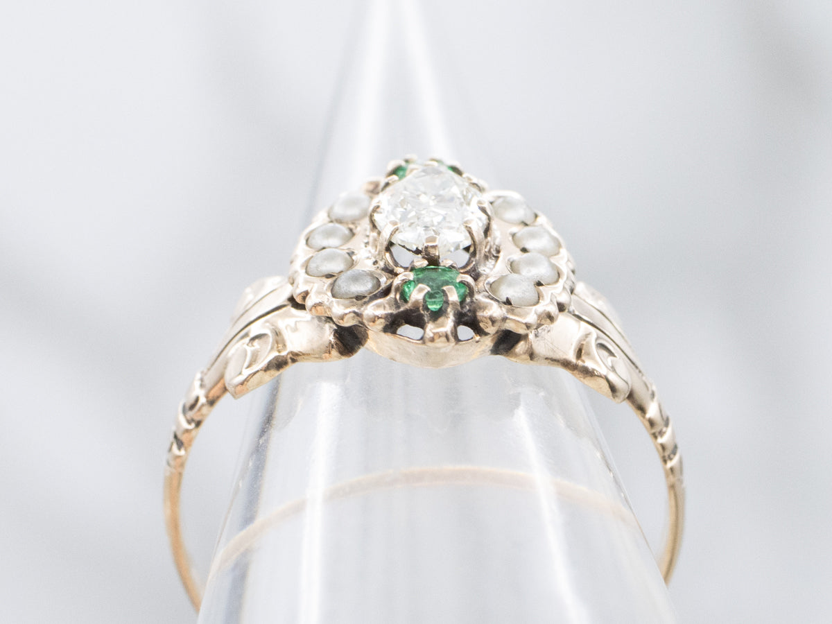 Victorian Marquise-Cut Diamond Emeralds and Faux Pearl Halo Ring