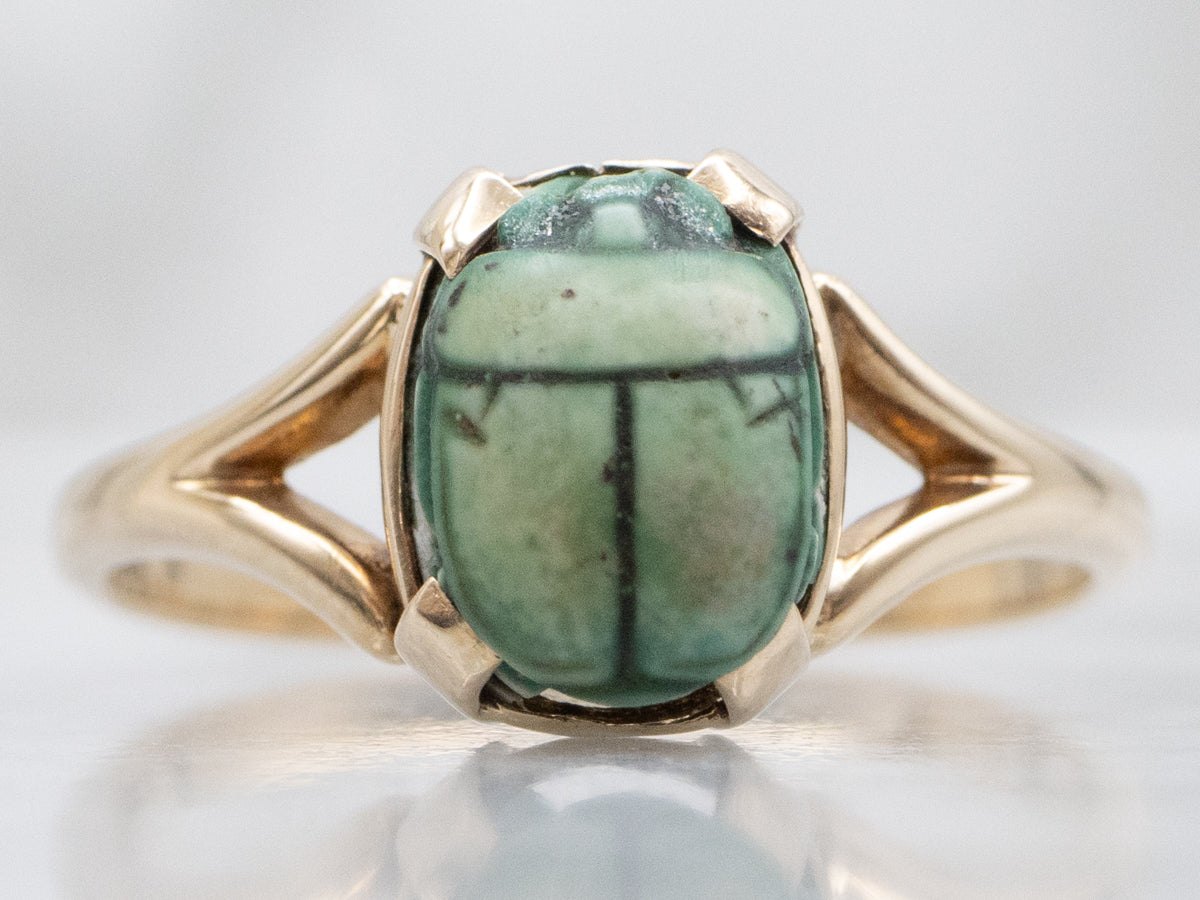 Faience Scarab Representing Rebirth Yellow Gold Ring with Split Shank