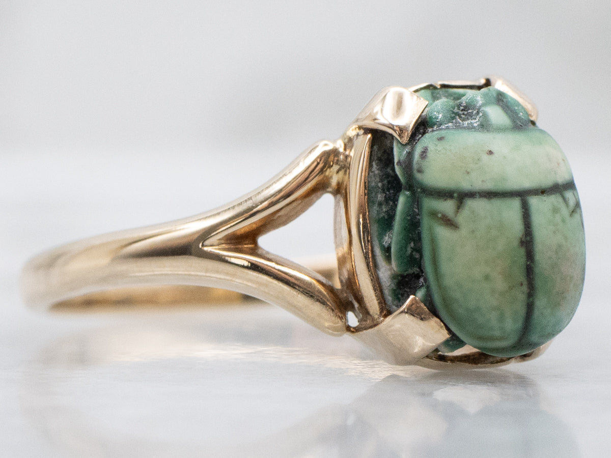 Faience Scarab Representing Rebirth Yellow Gold Ring with Split Shank