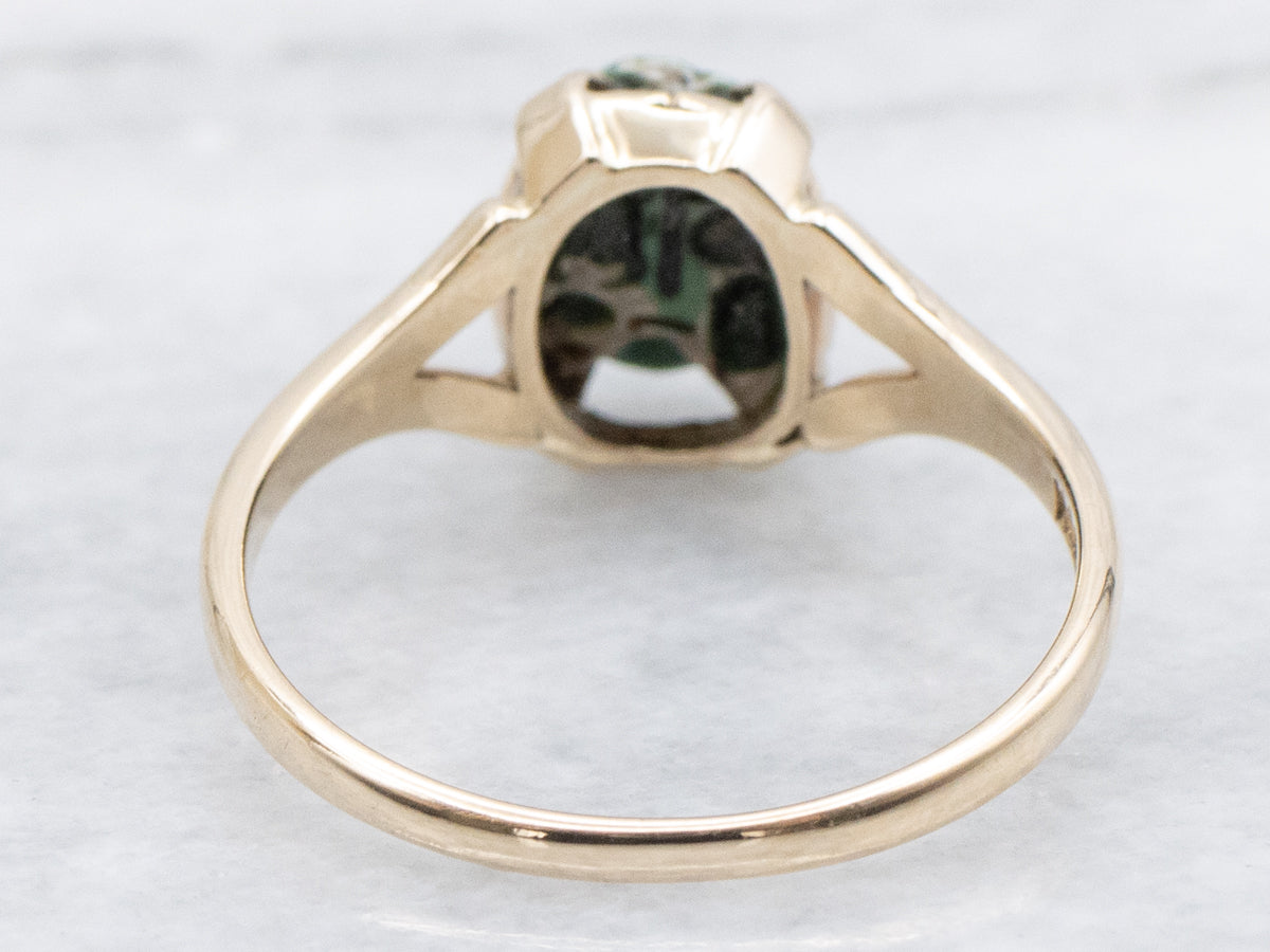 Faience Scarab Representing Rebirth Yellow Gold Ring with Split Shank