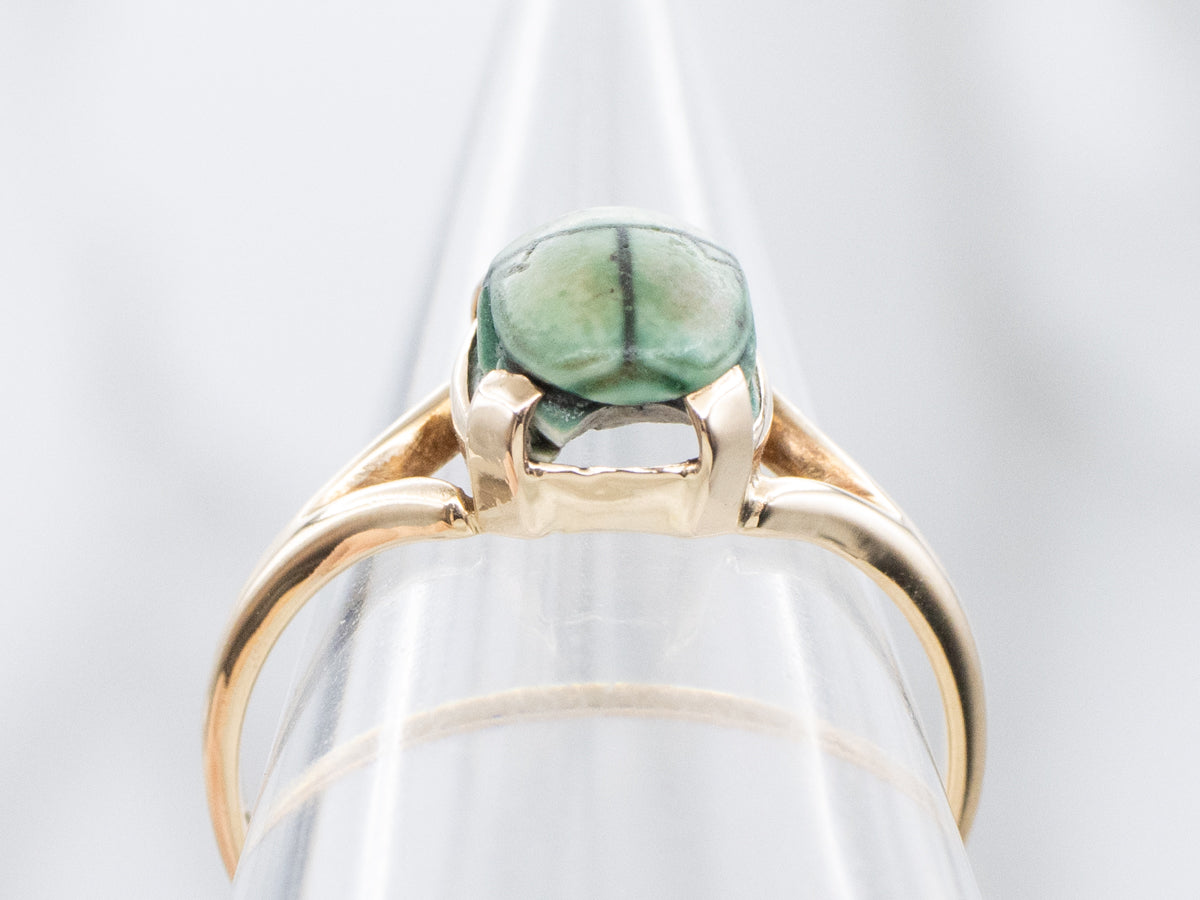 Faience Scarab Representing Rebirth Yellow Gold Ring with Split Shank