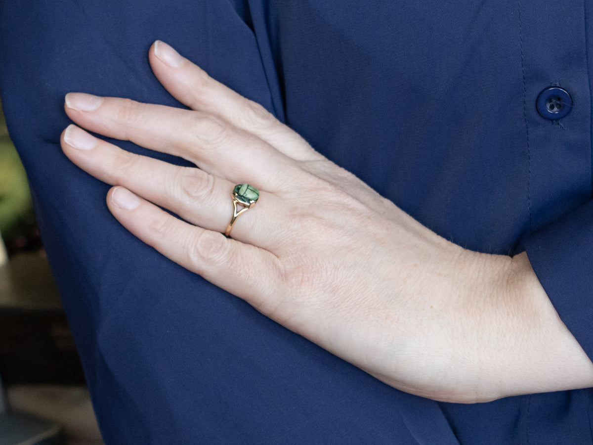 Faience Scarab Representing Rebirth Yellow Gold Ring with Split Shank