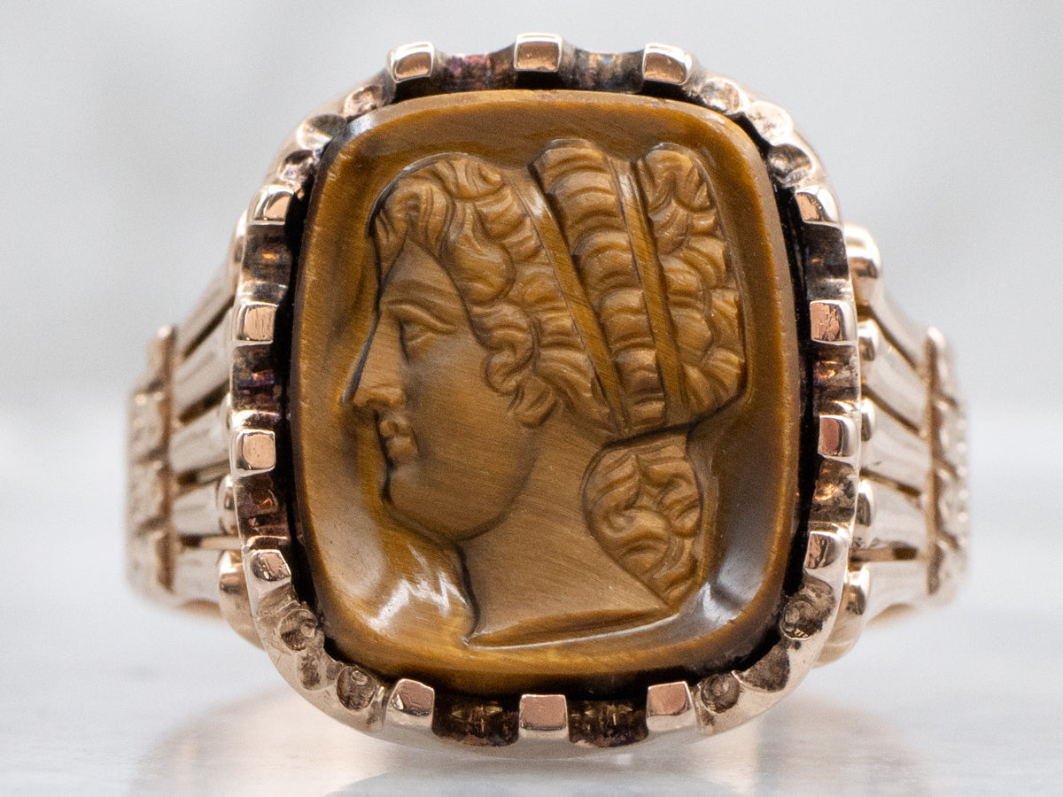 Tiger's Eye Cameo Antique Rose Gold Statement Ring