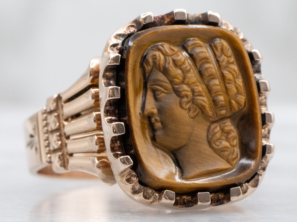 Tiger's Eye Cameo Antique Rose Gold Statement Ring