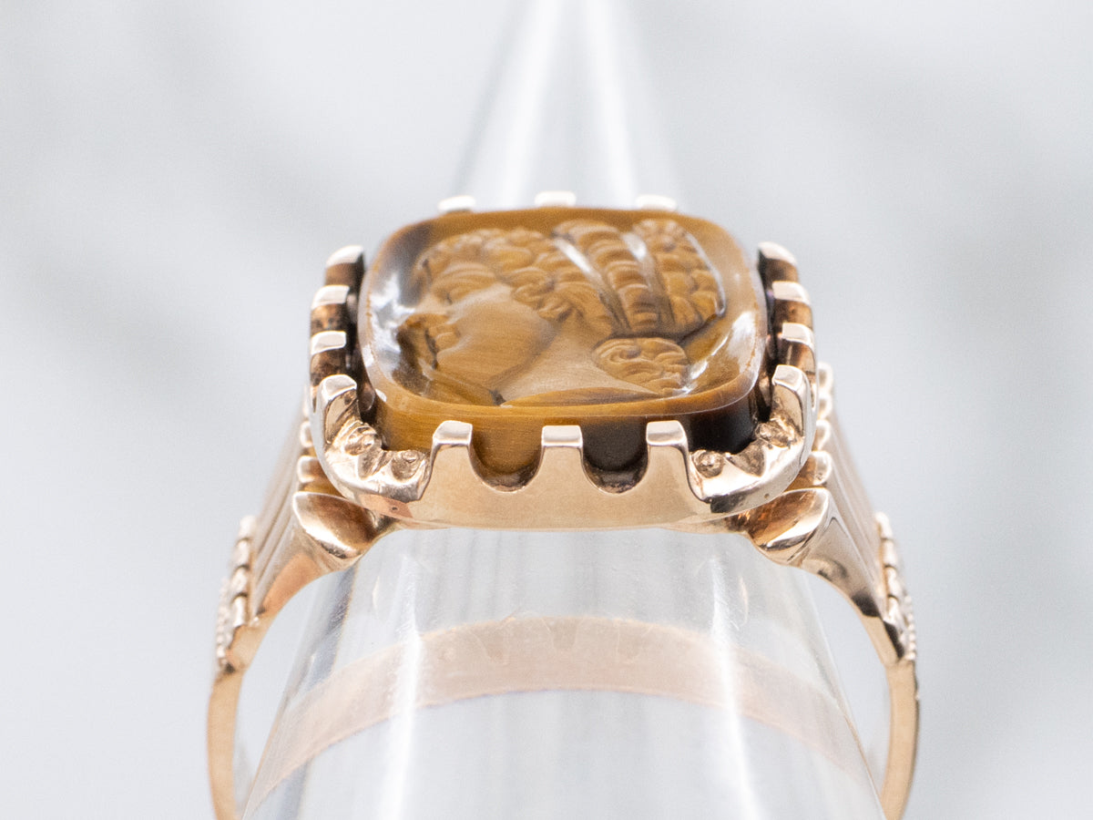 Tiger's Eye Cameo Antique Rose Gold Statement Ring