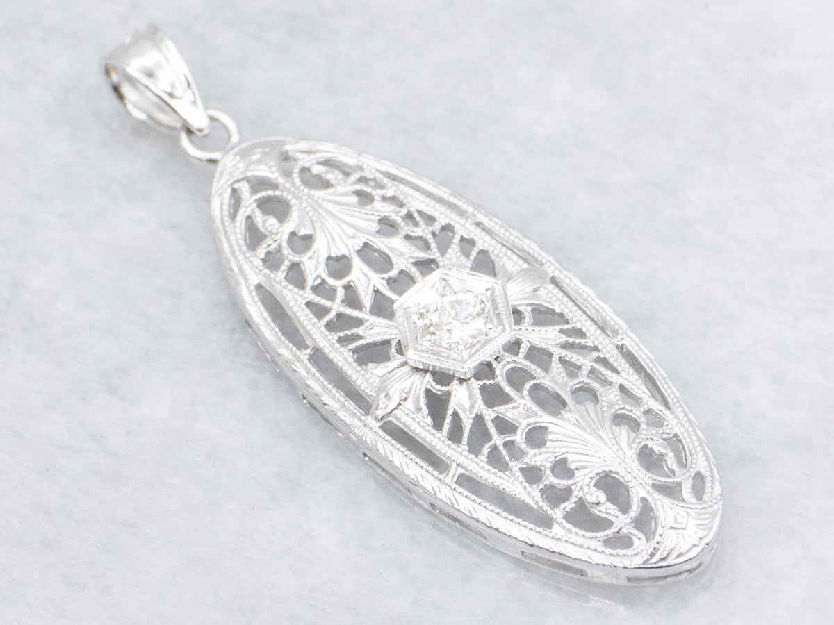 Old European Cut Diamond White Gold Filigree Pendant