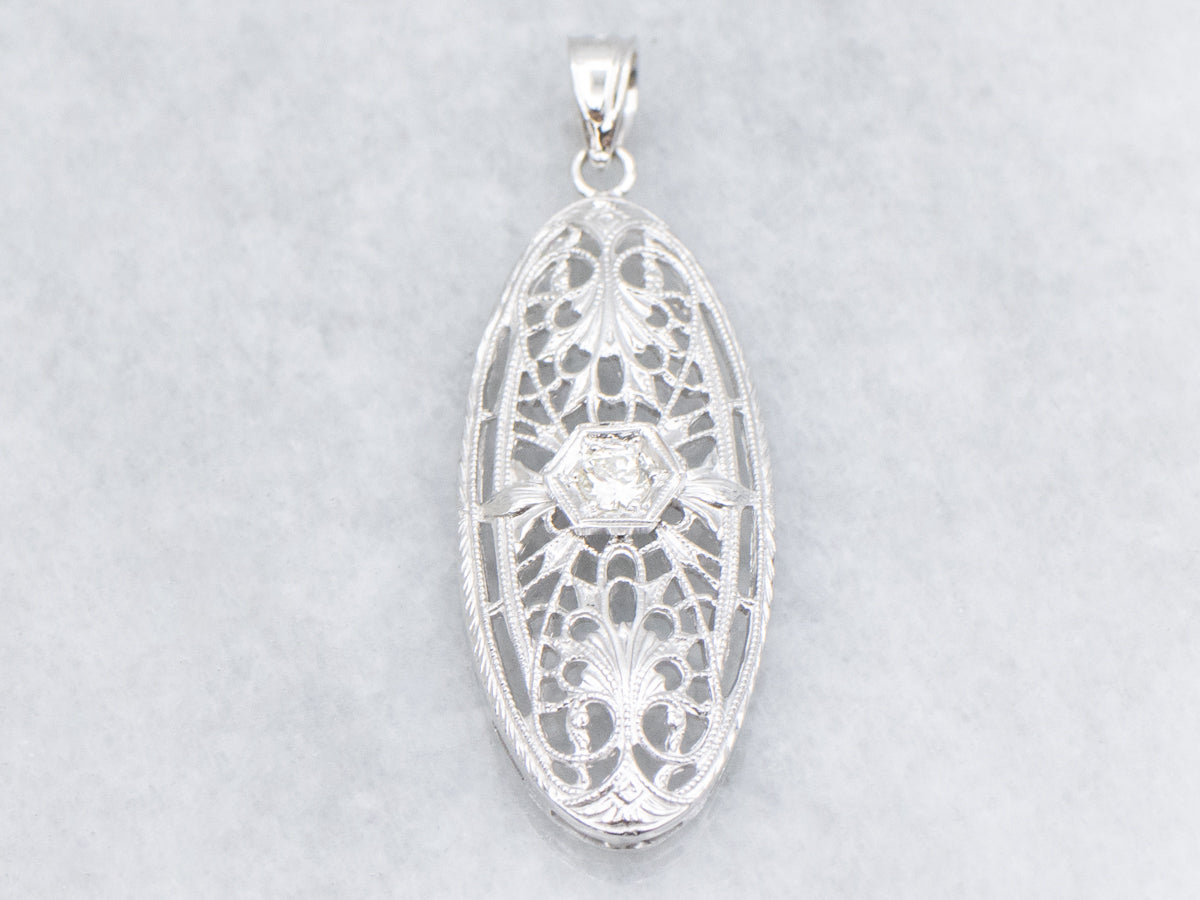 Old European Cut Diamond White Gold Filigree Pendant