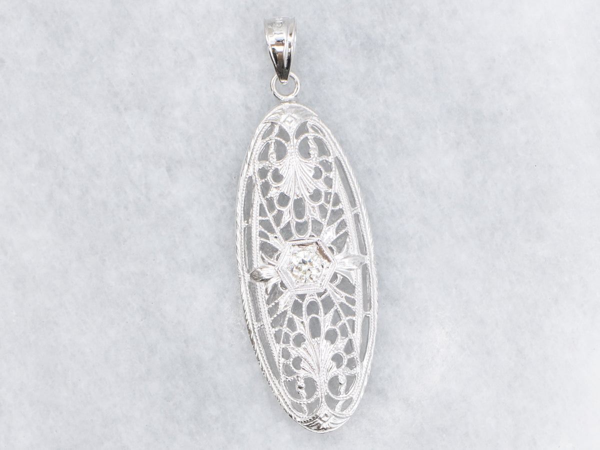 Old European Cut Diamond White Gold Filigree Pendant