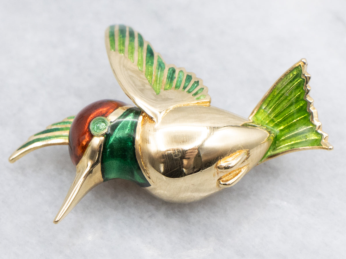 Green and Red Enamel Yellow Gold Hummingbird Pin