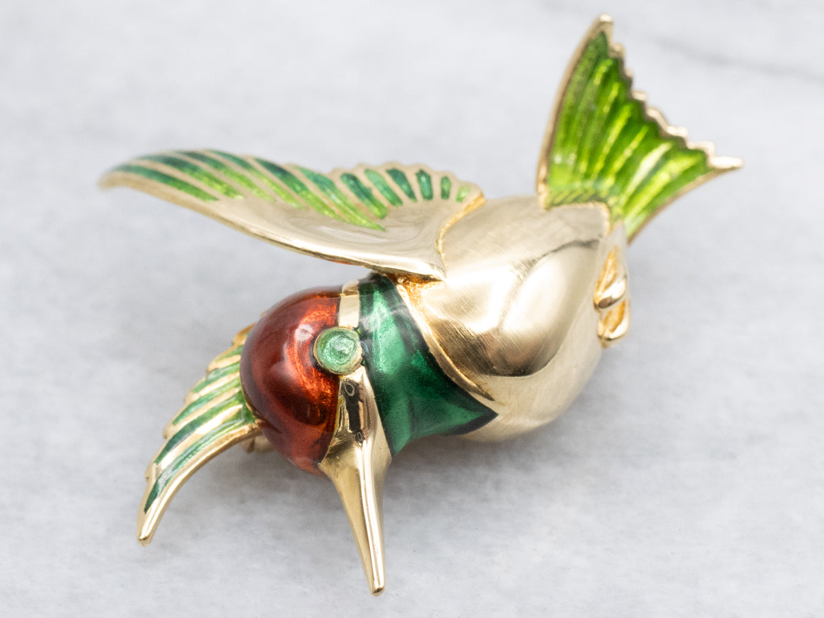 Green and Red Enamel Yellow Gold Hummingbird Pin