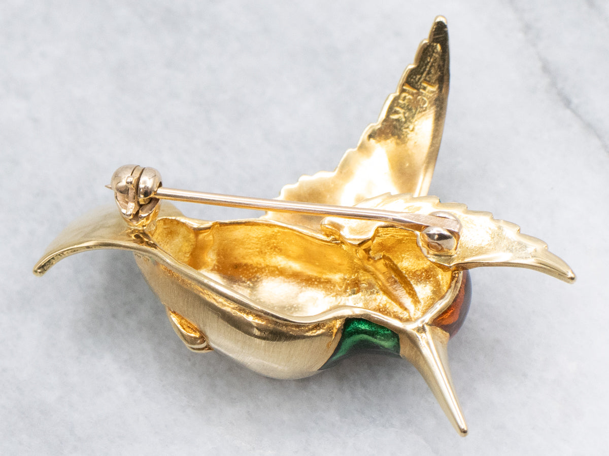 Green and Red Enamel Yellow Gold Hummingbird Pin