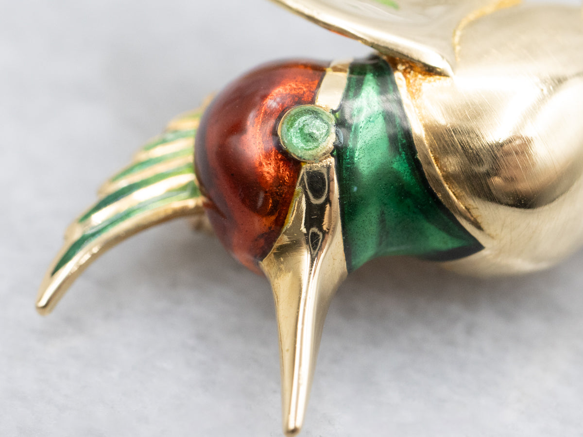 Green and Red Enamel Yellow Gold Hummingbird Pin