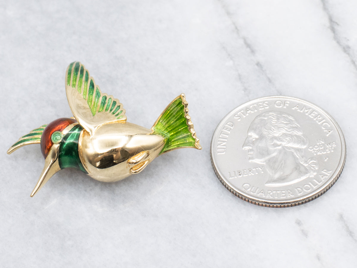 Green and Red Enamel Yellow Gold Hummingbird Pin