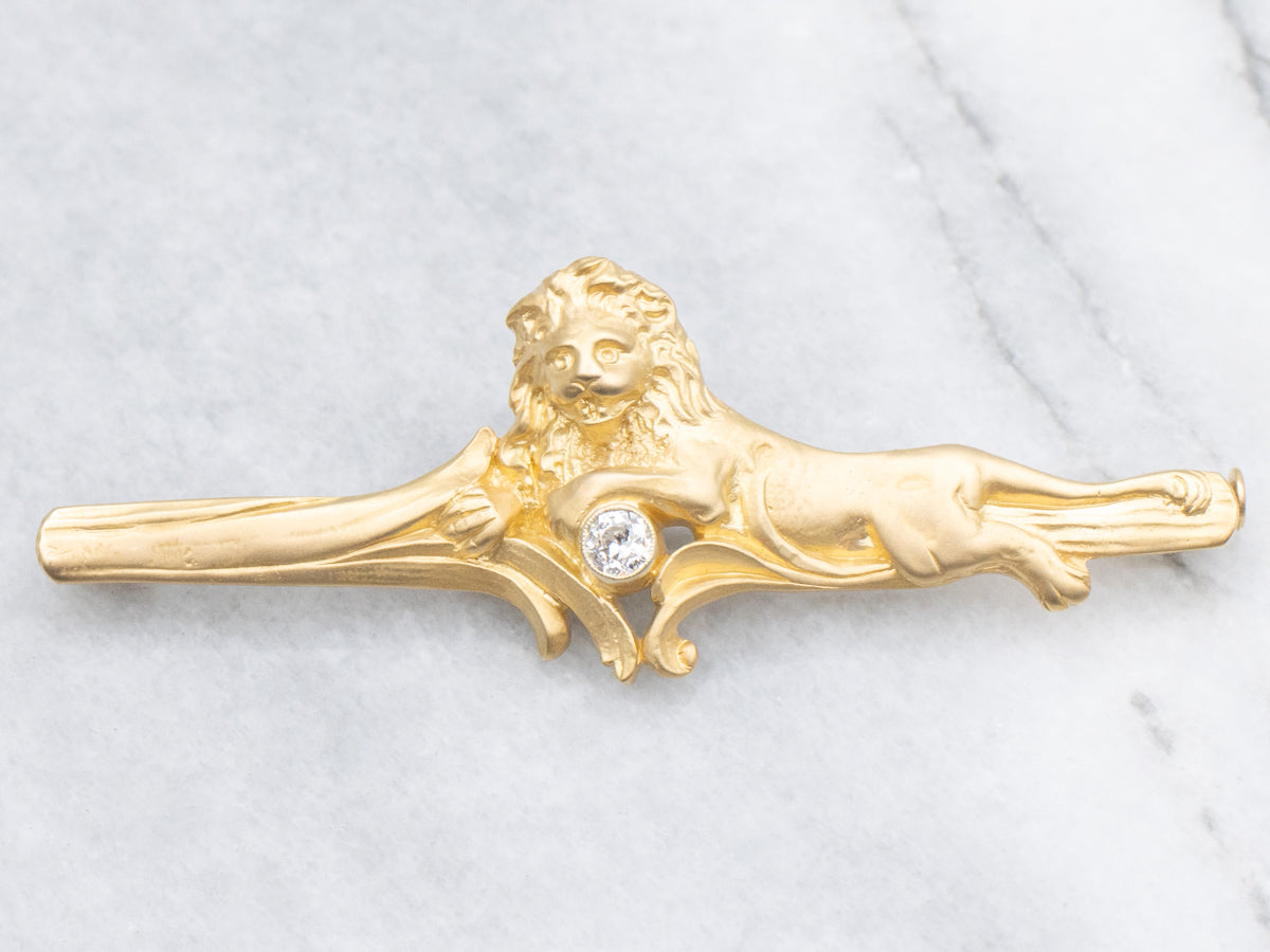 Old Mine Cut Diamond Lion Laying on Branch Antique Bar Pin