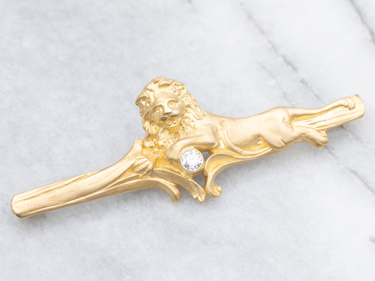 Old Mine Cut Diamond Lion Laying on Branch Antique Bar Pin