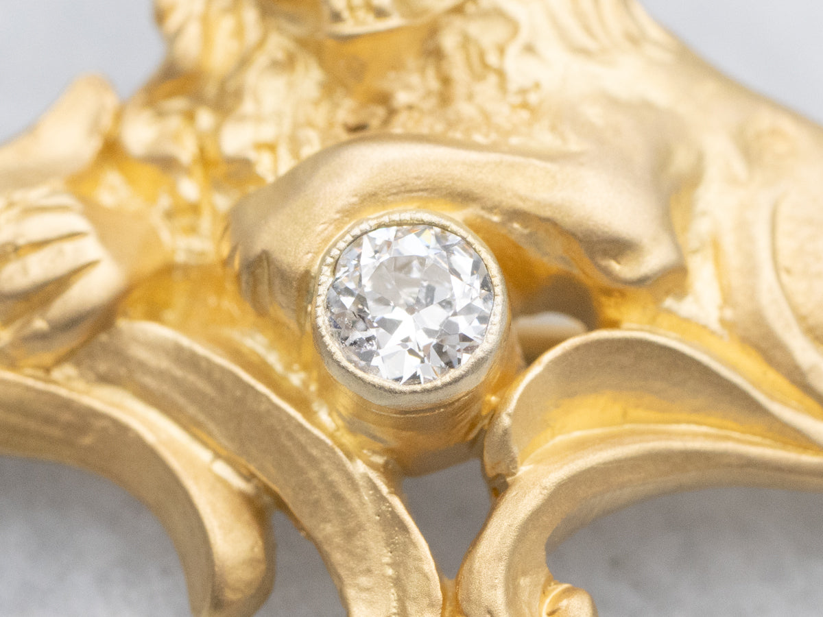 Old Mine Cut Diamond Lion Laying on Branch Antique Bar Pin