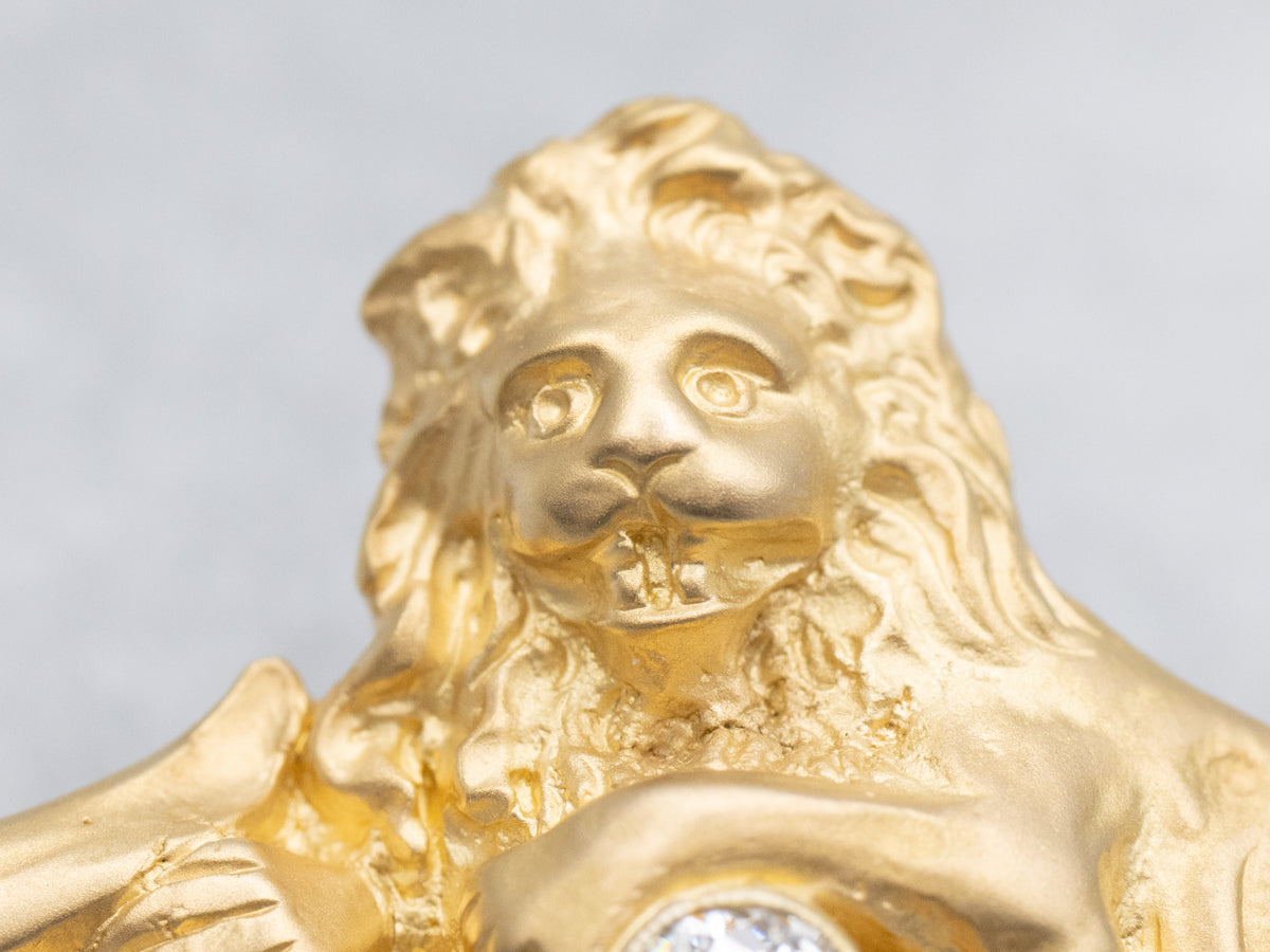 Old Mine Cut Diamond Lion Laying on Branch Antique Bar Pin
