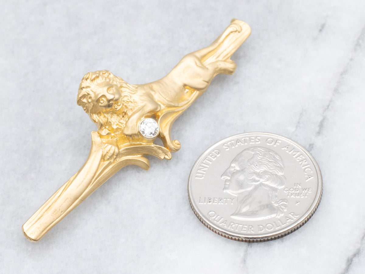 Old Mine Cut Diamond Lion Laying on Branch Antique Bar Pin