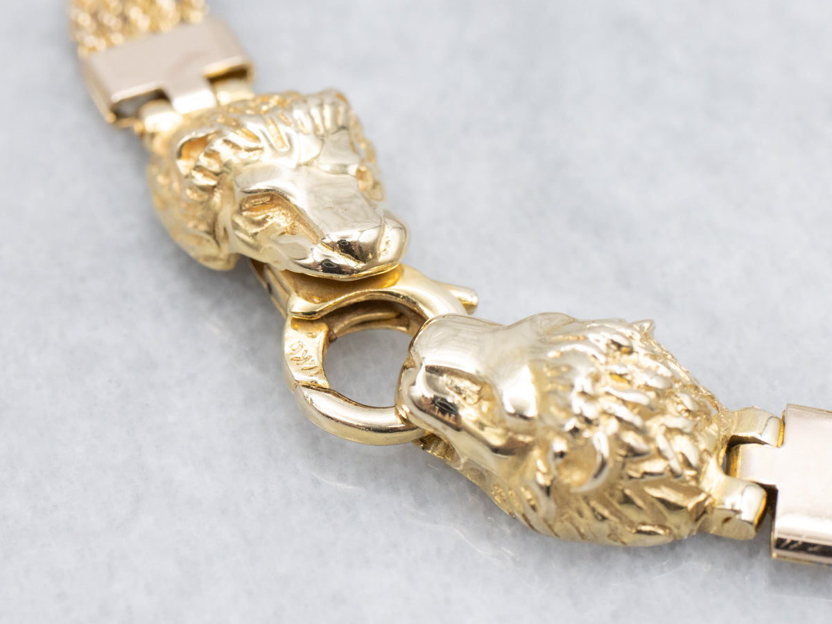 Fancy Double Lion Head Italian-Made Gold Bracelet
