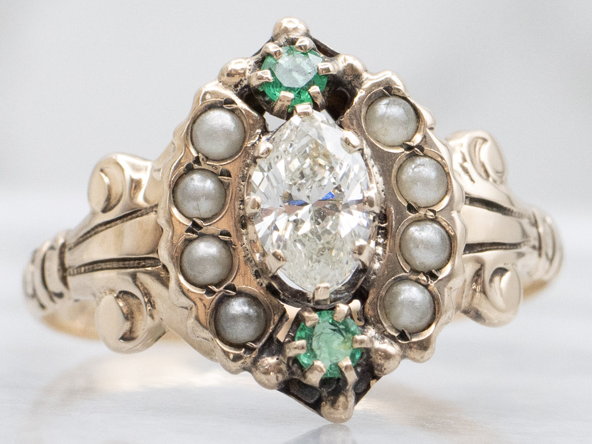 Victorian Marquise-Cut Diamond Emeralds and Faux Pearl Halo Ring