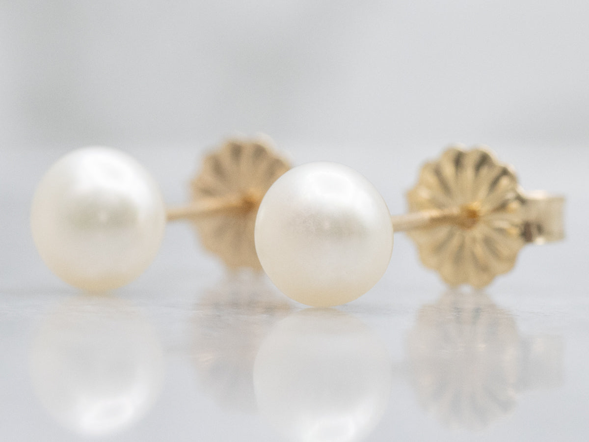Yellow Gold Button Pearl Stud Earrings