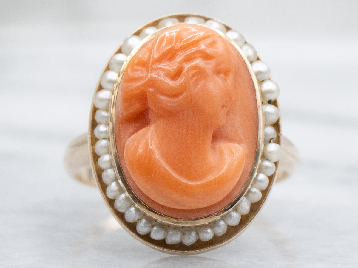 Antique Coral Cameo and Seed Pearl Halo Ring