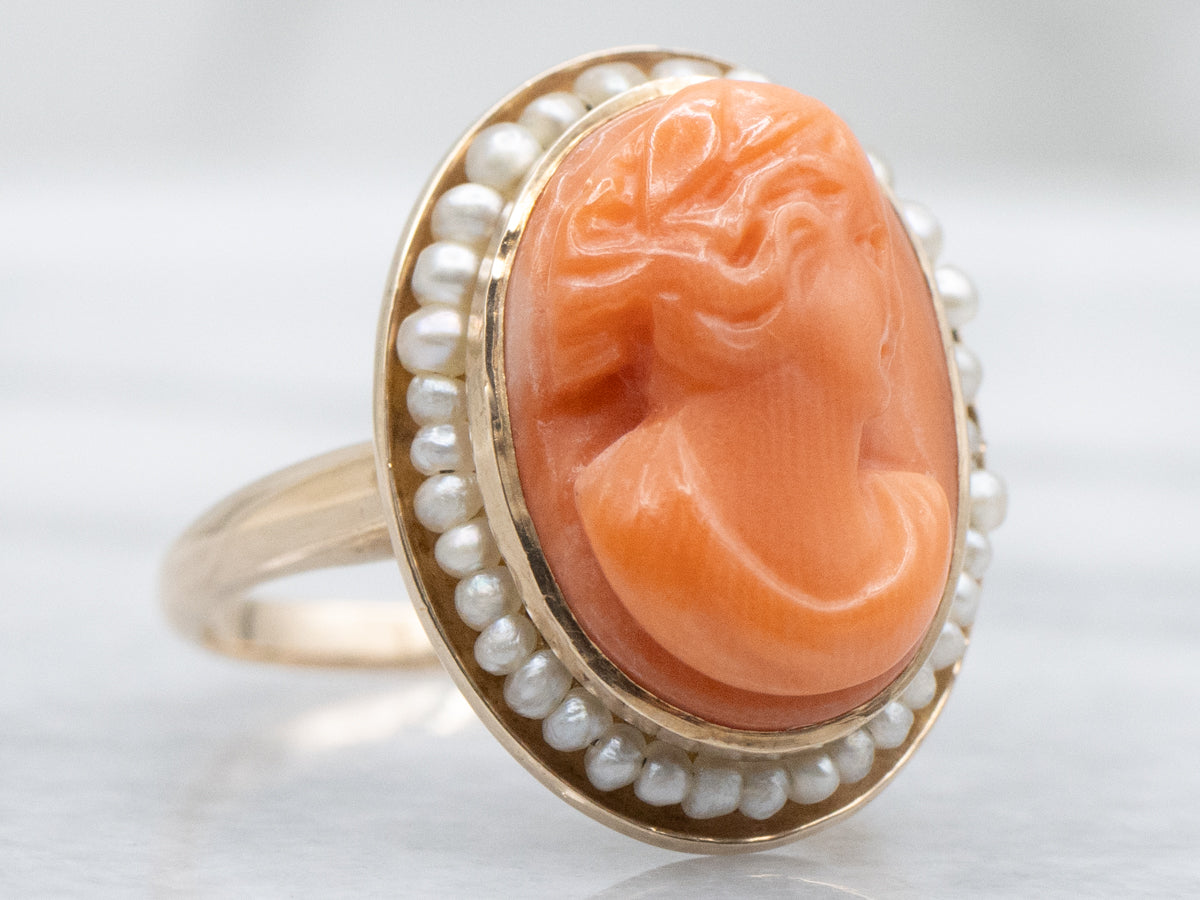 Antique Coral Cameo and Seed Pearl Halo Ring