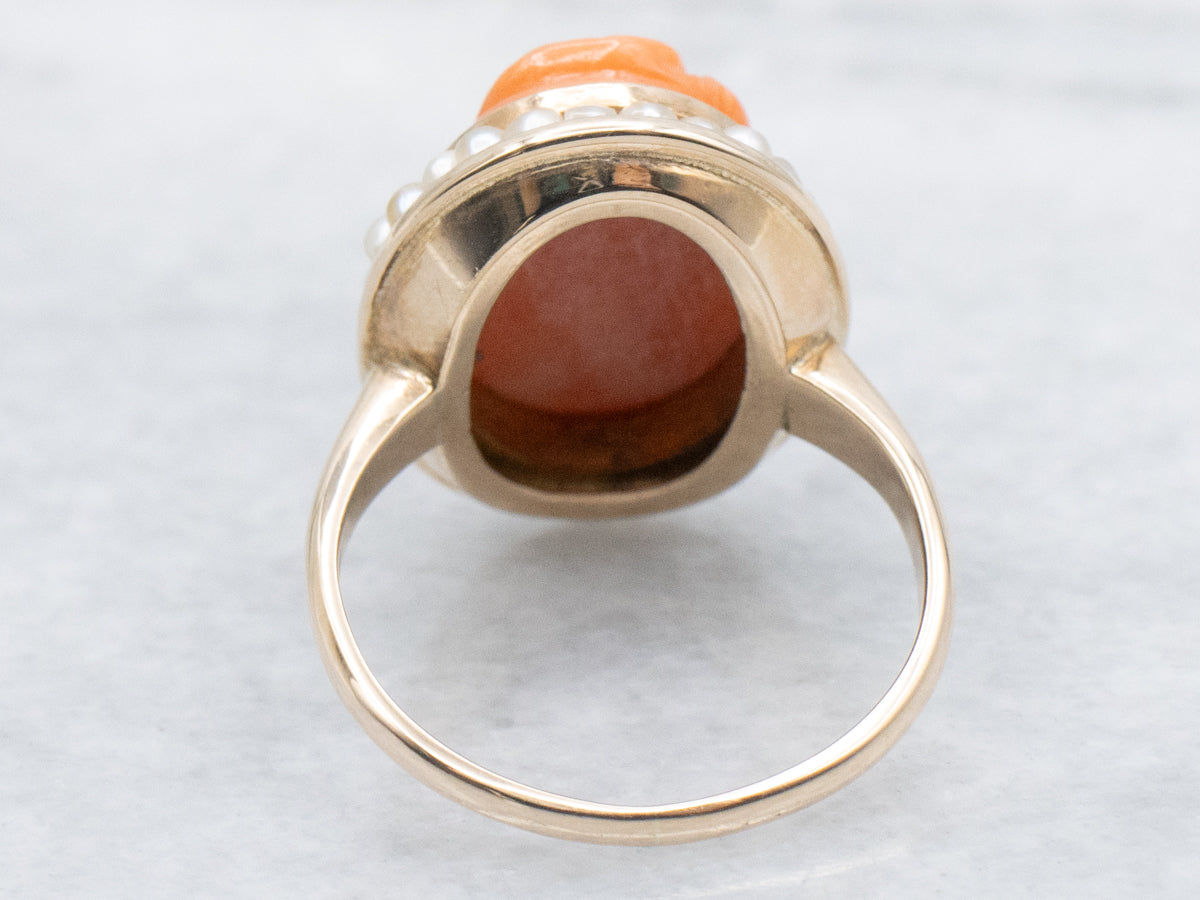 Antique Coral Cameo and Seed Pearl Halo Ring