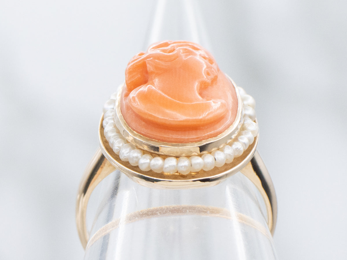 Antique Coral Cameo and Seed Pearl Halo Ring