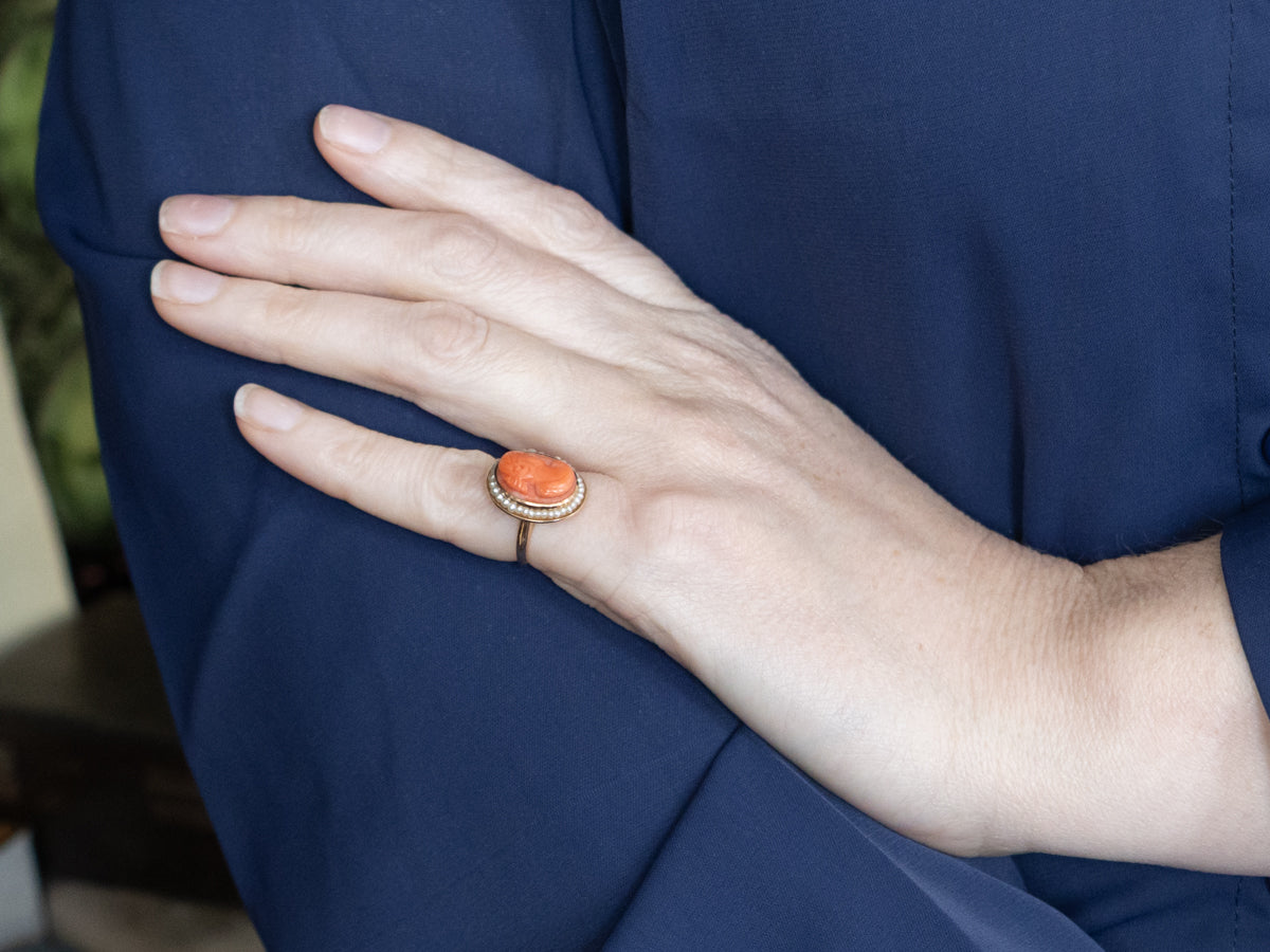 Antique Coral Cameo and Seed Pearl Halo Ring