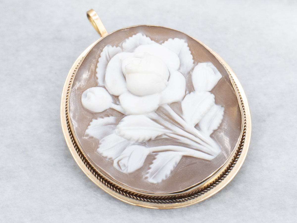 Vintage Floral Cameo Yellow Gold Pin and Pendant