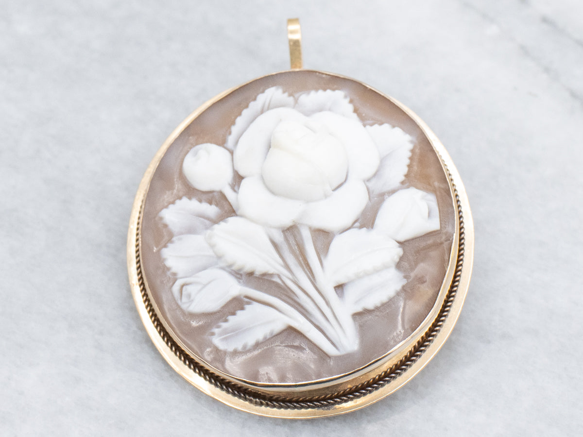 Vintage Floral Cameo Yellow Gold Pin and Pendant