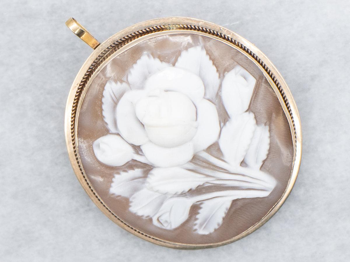 Vintage Floral Cameo Yellow Gold Pin and Pendant