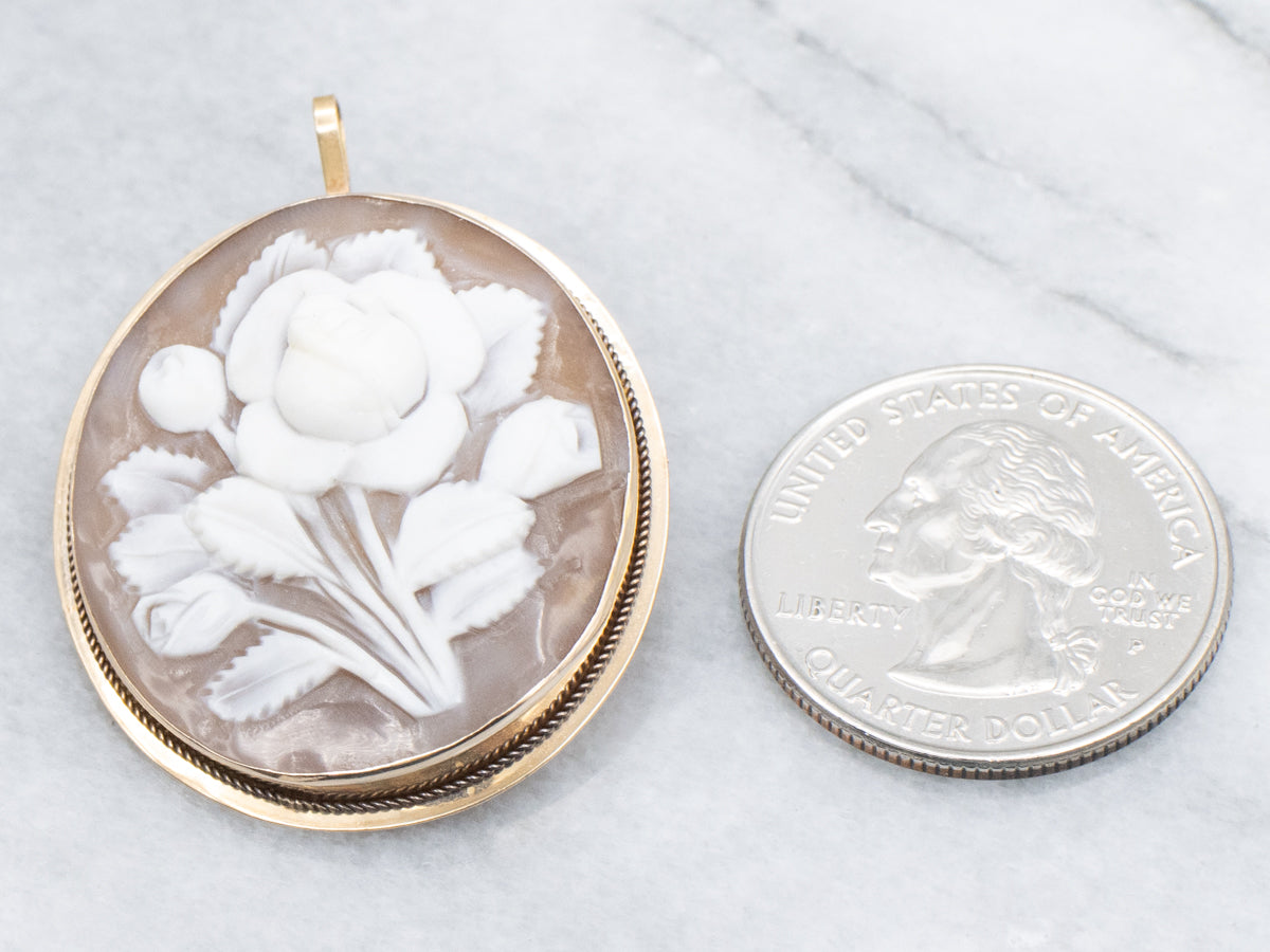 Vintage Floral Cameo Yellow Gold Pin and Pendant