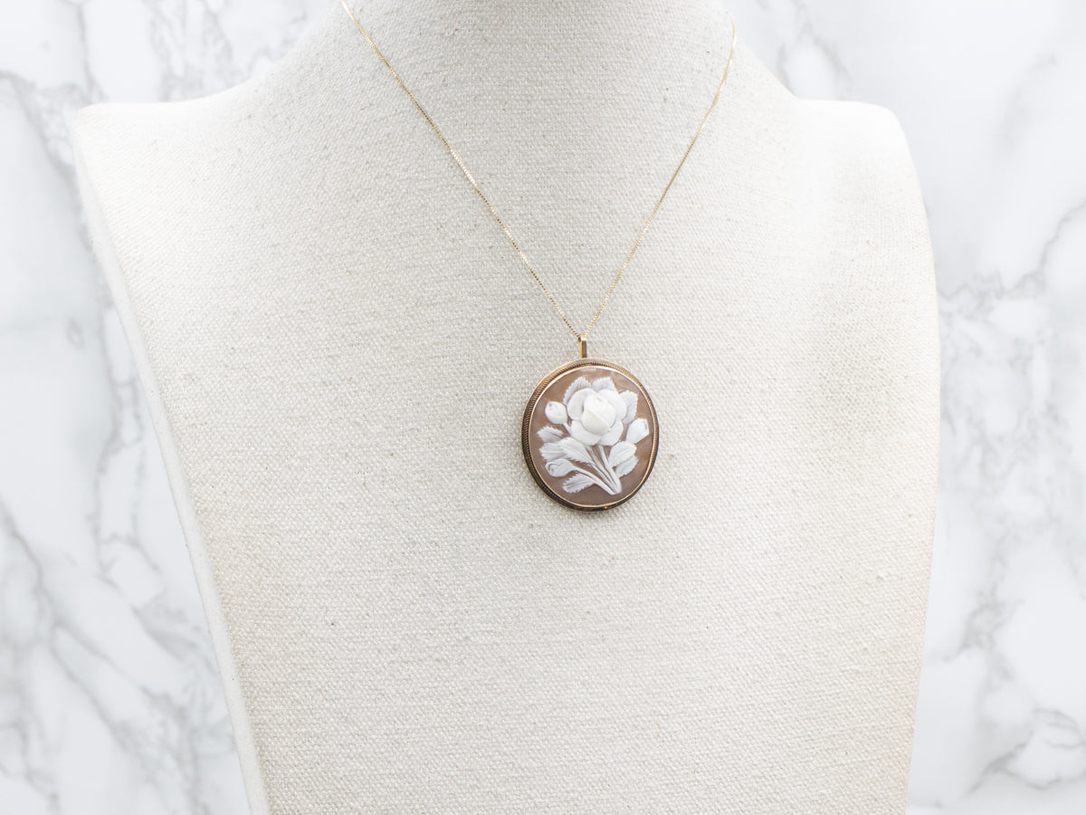 Vintage Floral Cameo Yellow Gold Pin and Pendant