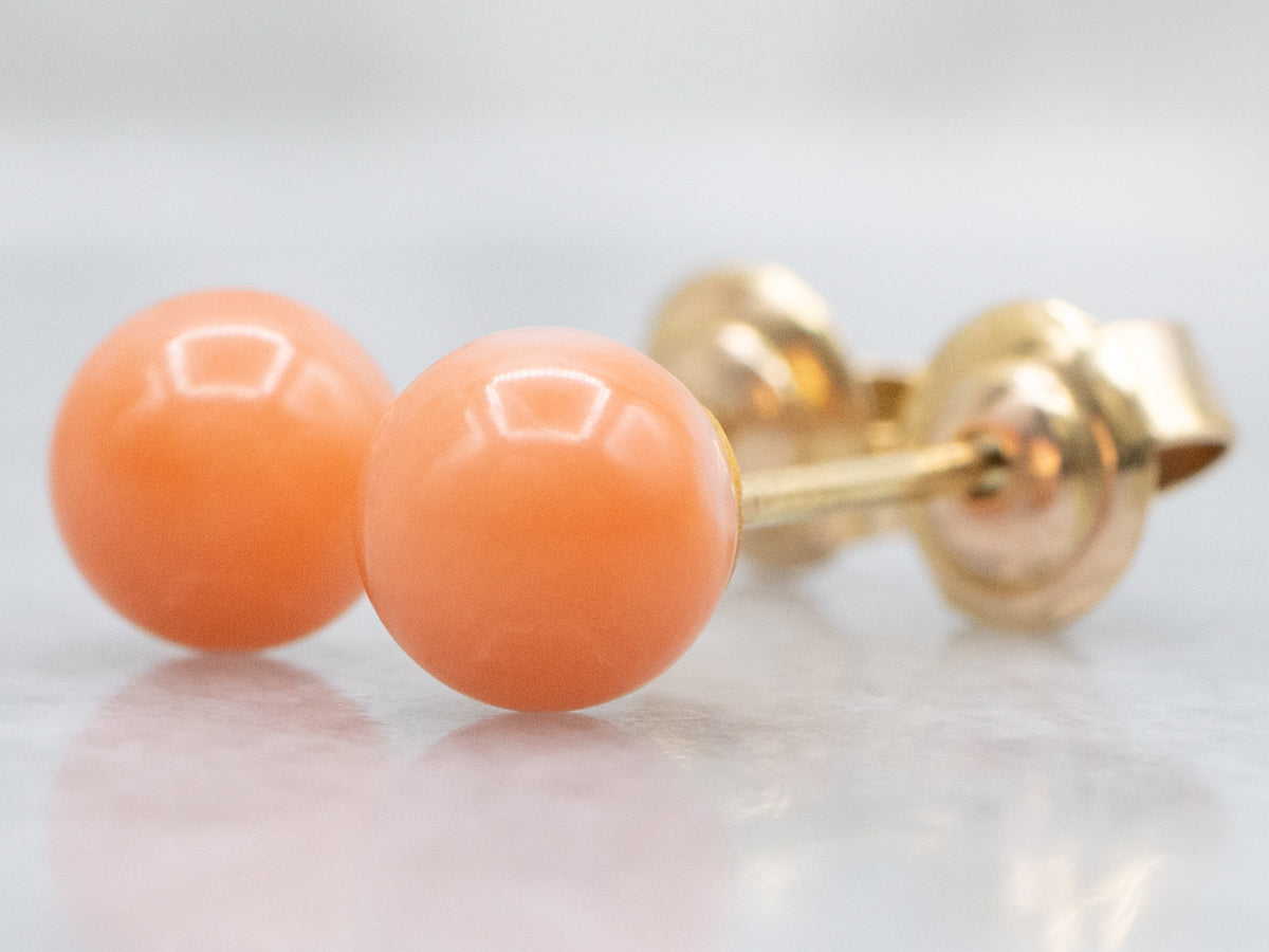 Vintage Gold and Coral Ball Stud Earrings
