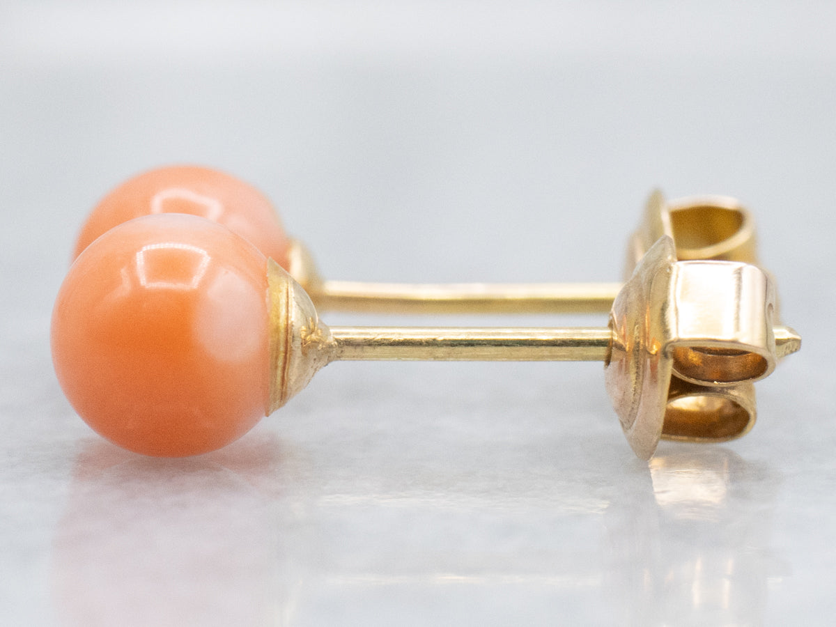 Vintage Gold and Coral Ball Stud Earrings