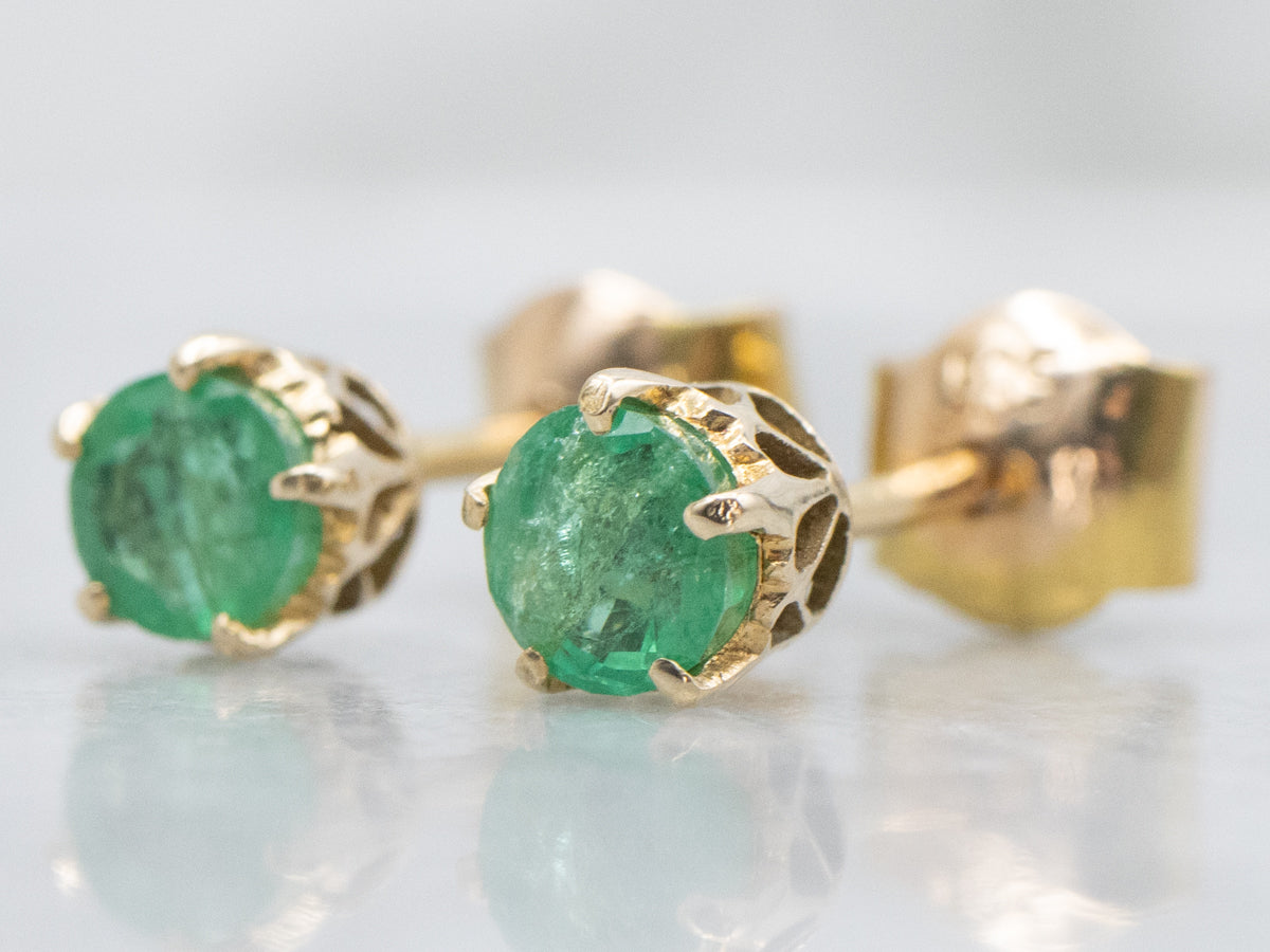 Yellow Gold Emerald Gemstone Stud Earrings
