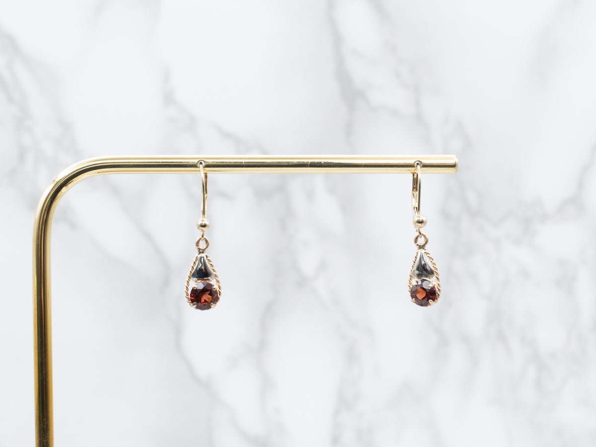 Round Cut Garnet Rope Twist Two Tone Drop Earrings