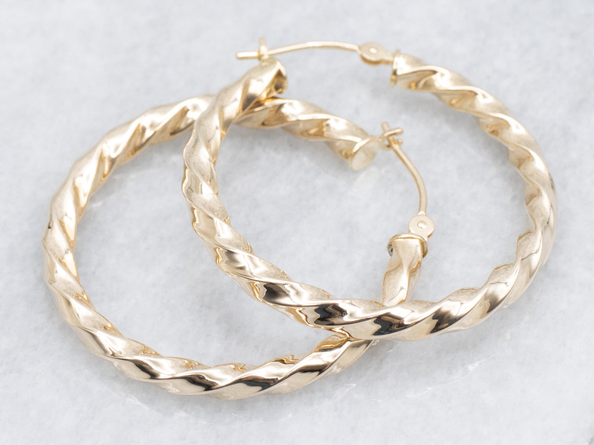 Twisted Yellow Gold Tube Hoop Earrings